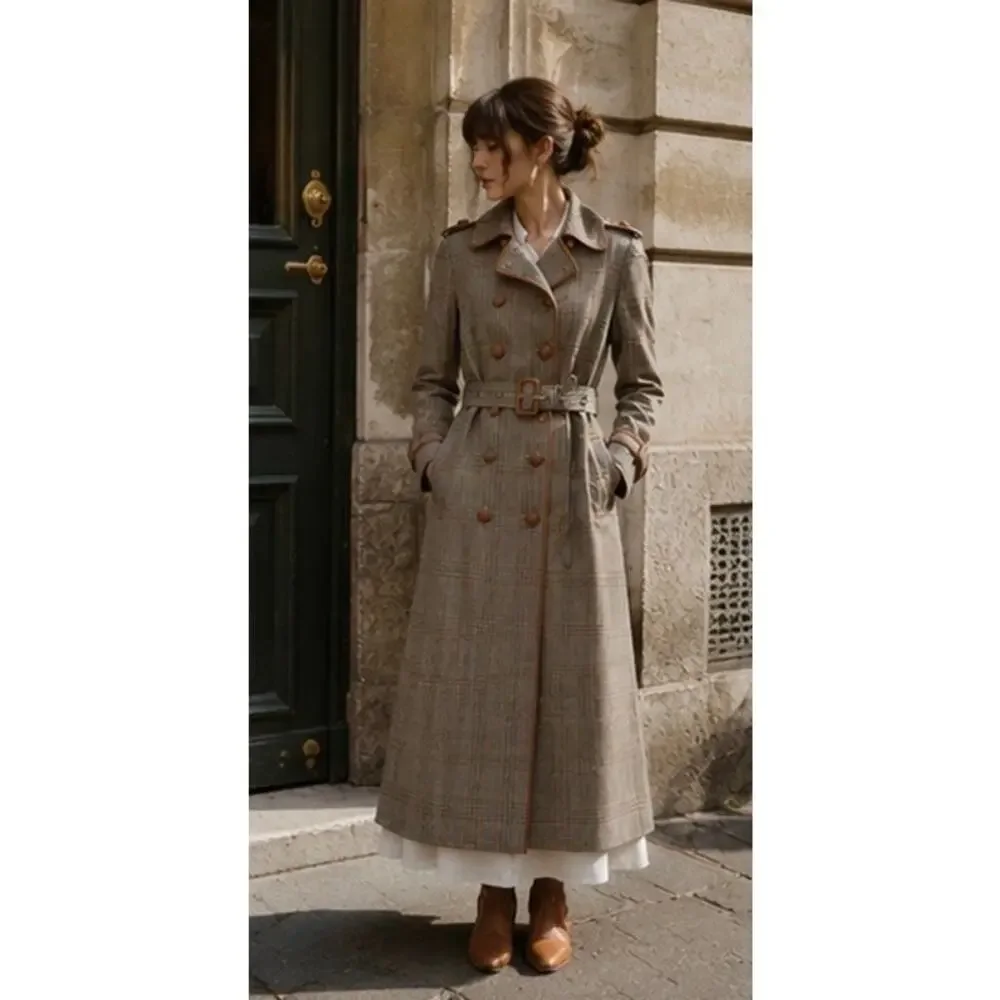 Tory Burch Glen Plaid Belted Trench Coat Leather Trim XS US2